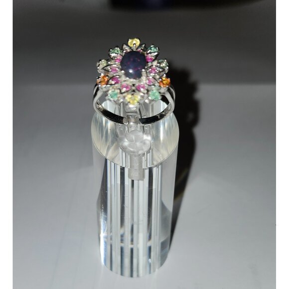 .925 Sterling Silver S/S Black Opal/Emerald/Ruby/Sapphire Ring Sz 8.5 $605 - Picture 4 of 8